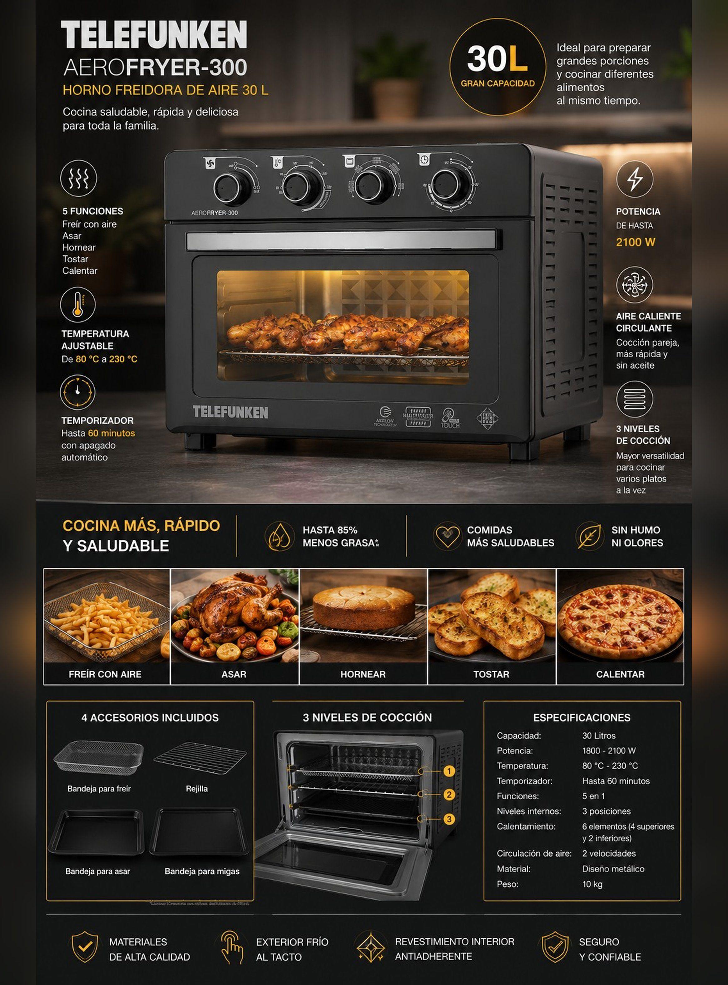 Horno Freidora de Aire Telefunken AeroFryer 300 30L 2100W-2