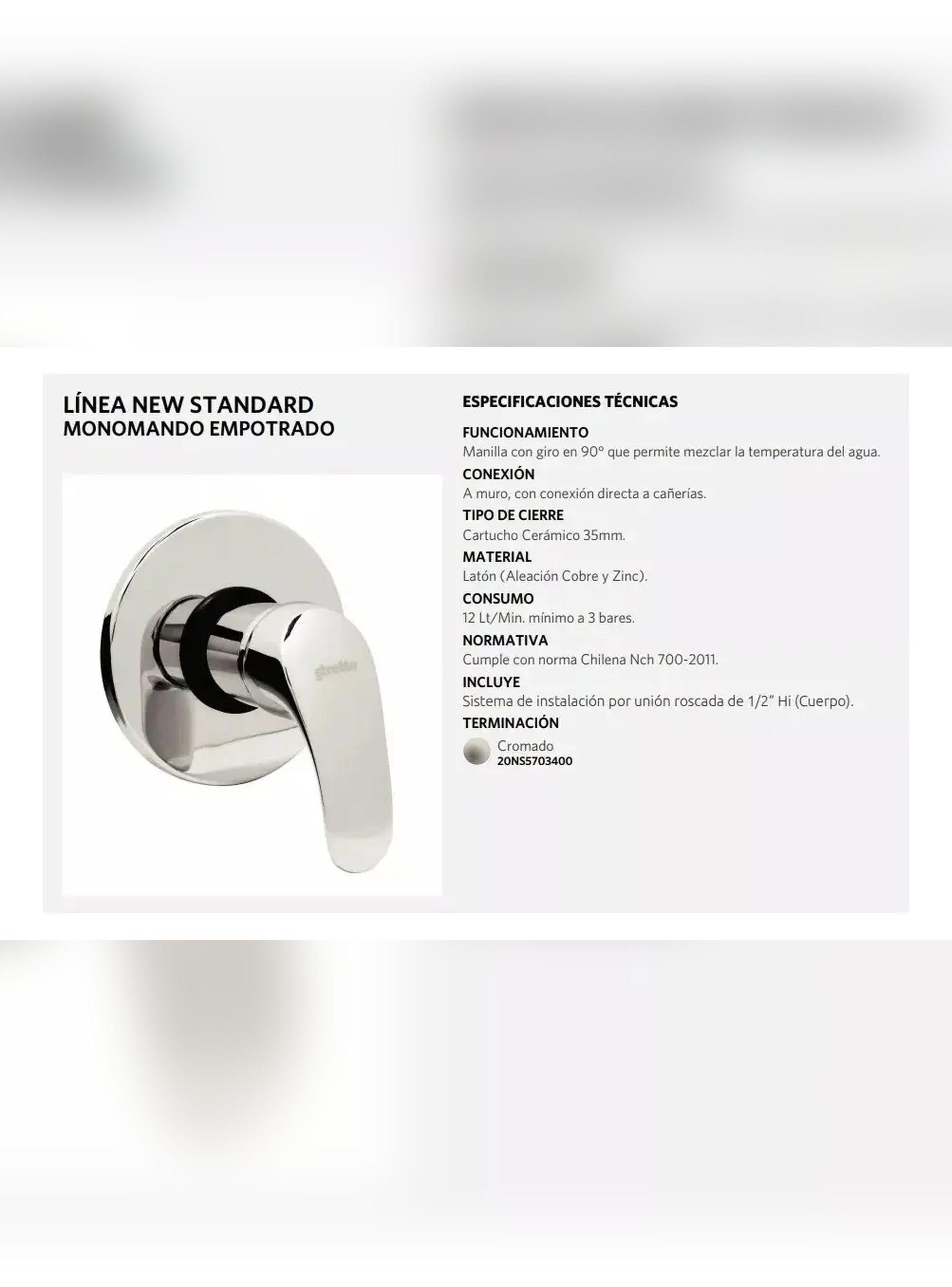 Monomando Llave Grifo Ducha Empotrado New Standard Stretto-3