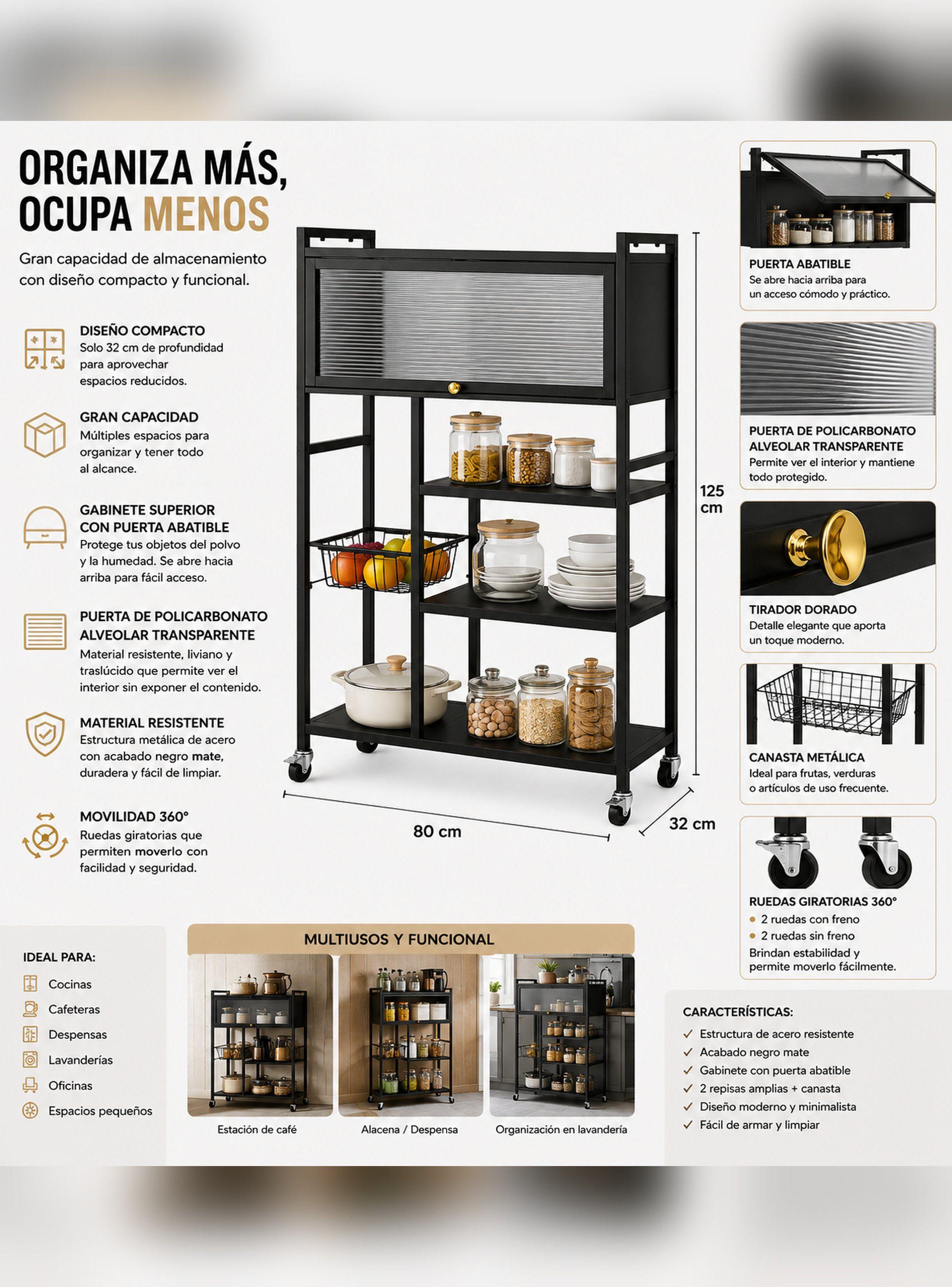 Estante Organizador Multiuso de Cocina con Gabinete y Ruedas-9