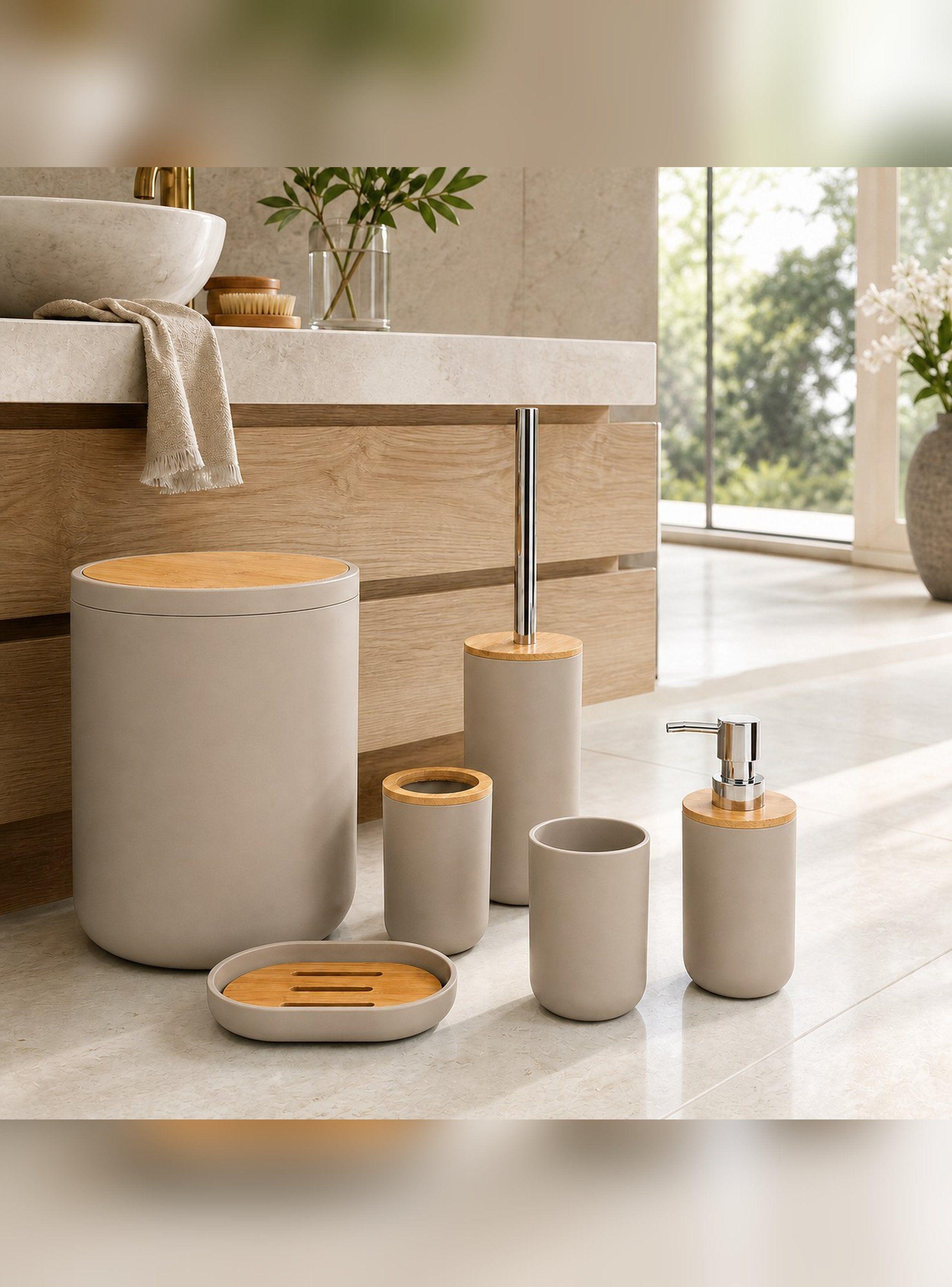 Set De Baño 6 Piezas De ABS Y Bambu Basurero Dispensador-0