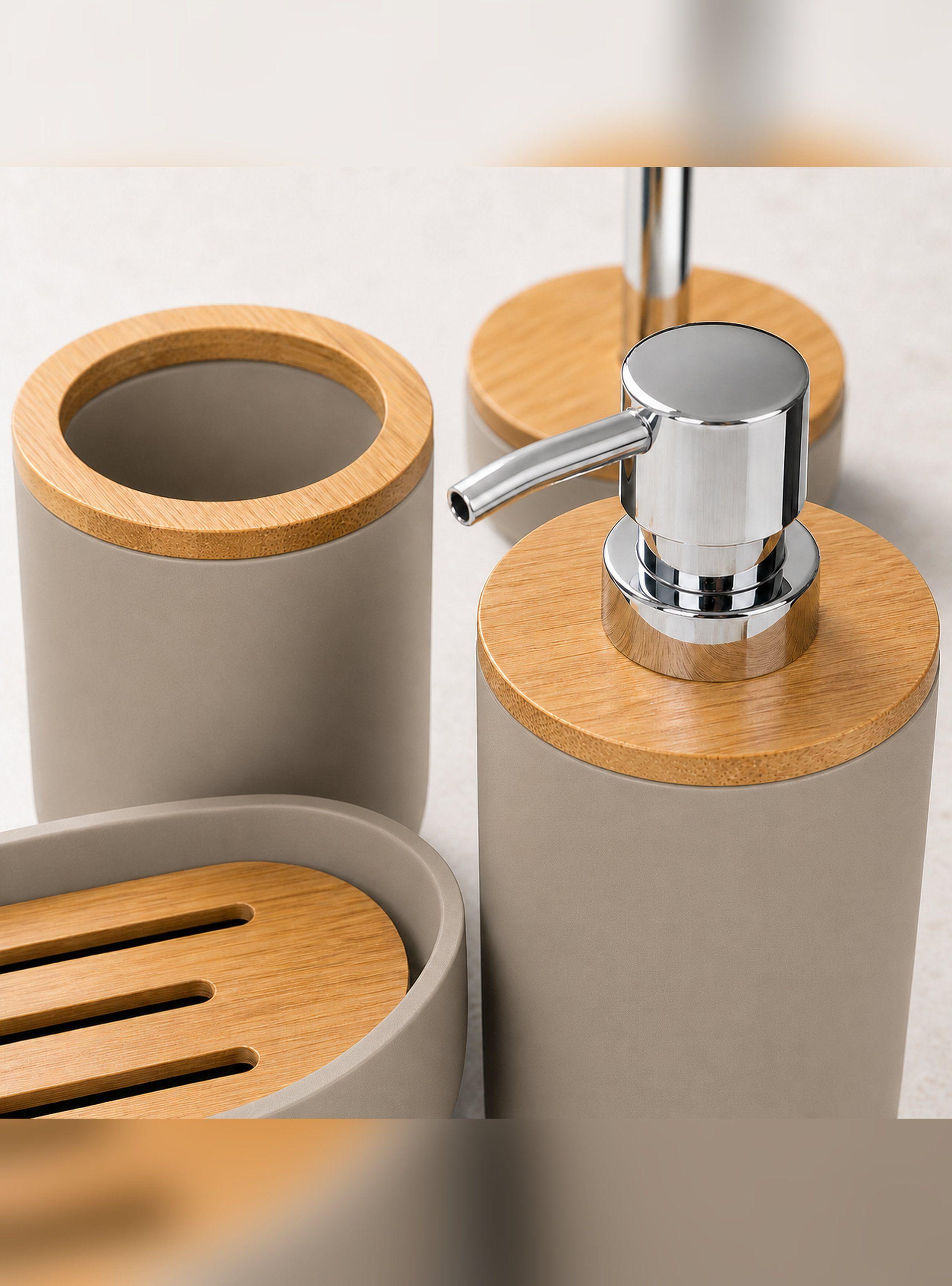 Set De Baño 6 Piezas De ABS Y Bambu Basurero Dispensador-4