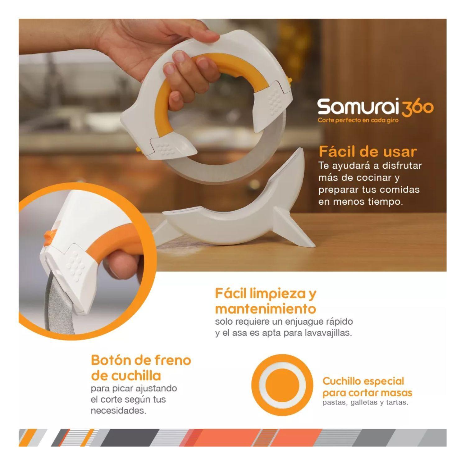 Cuchillo Circular Giratorio De Acero Inoxidable Mango Ergonómico Samurai 360 Incluye Base-4