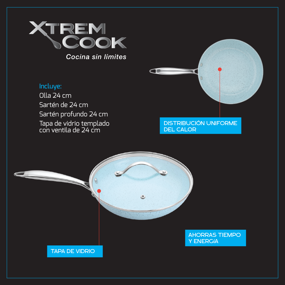 Set de 3 Sartenes Xtrem Cook Interior Cerámico Antiadherentes de 24cm + Tapa de Vidrio Templado-4
