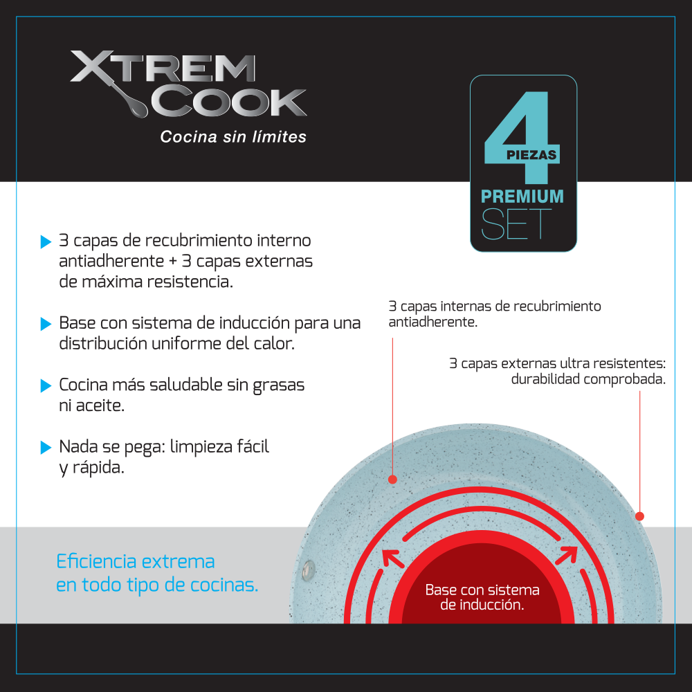 Set de 3 Sartenes Xtrem Cook Interior Cerámico Antiadherentes de 24cm + Tapa de Vidrio Templado-5