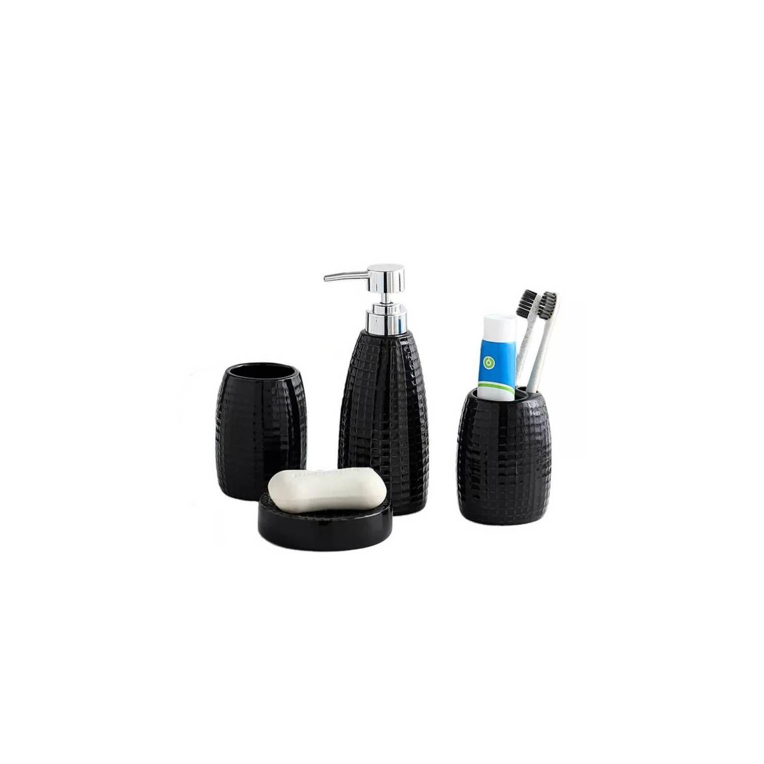 Set De Baño 4 Piezas Portacepillos Pasta Jaboneras & Vaso Negro-0