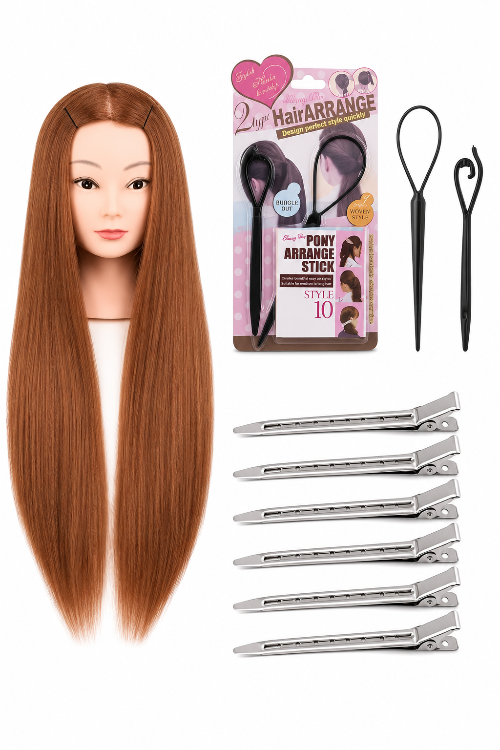 Kit De Peinado Cabeza Practica Sintetica + Pinzas + Peinetas-0