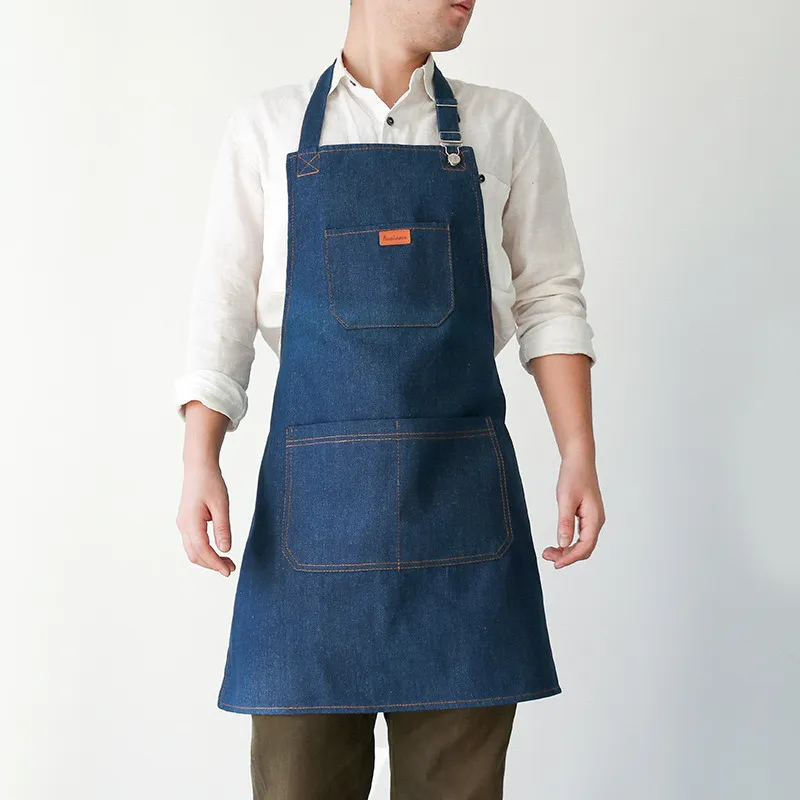 Delantal De Garzon Mezclilla Jeans Para Cocina Bar Hogar Azul-2