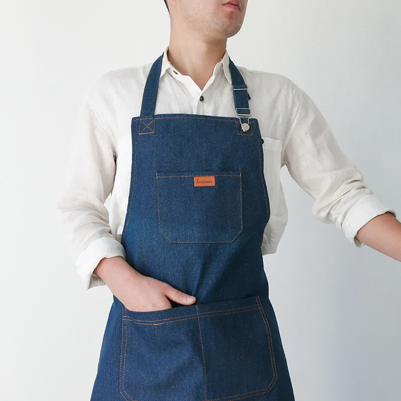 Delantal De Garzon Mezclilla Jeans Para Cocina Bar Hogar Azul-3