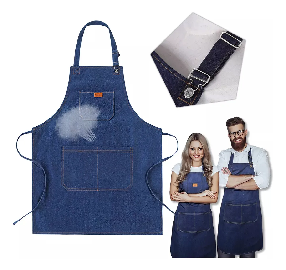 Delantal De Garzon Mezclilla Jeans Para Cocina Bar Hogar Azul-4