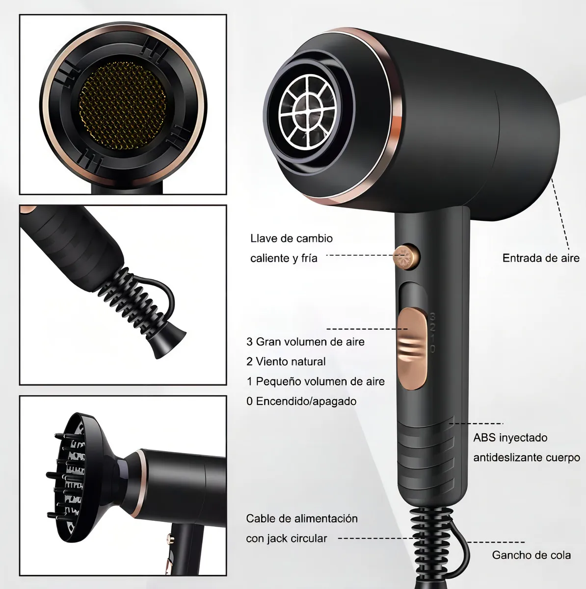 Secador Soplador Pelo Electrico Control Calor Peluqueria Negro-4