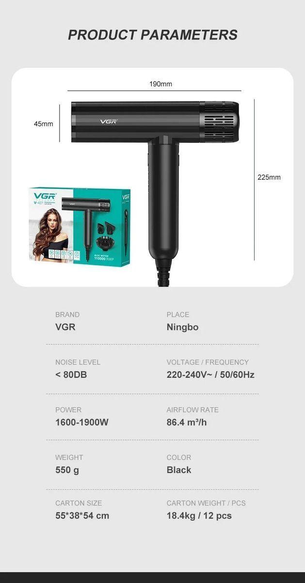 Secador Vgr Profesional V-427 Alto Rendimiento 11000 Rpm Negro-4