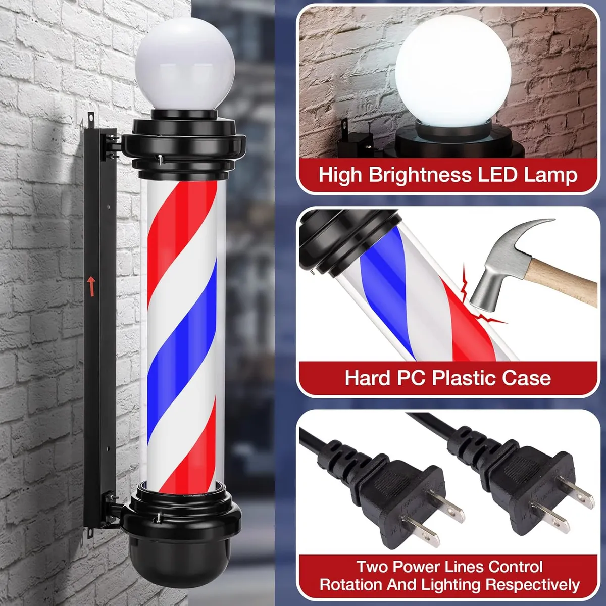 Letrero Poste De Barberia Y Peluqueria Con Luz Giratoria Clasico Con Negro-3