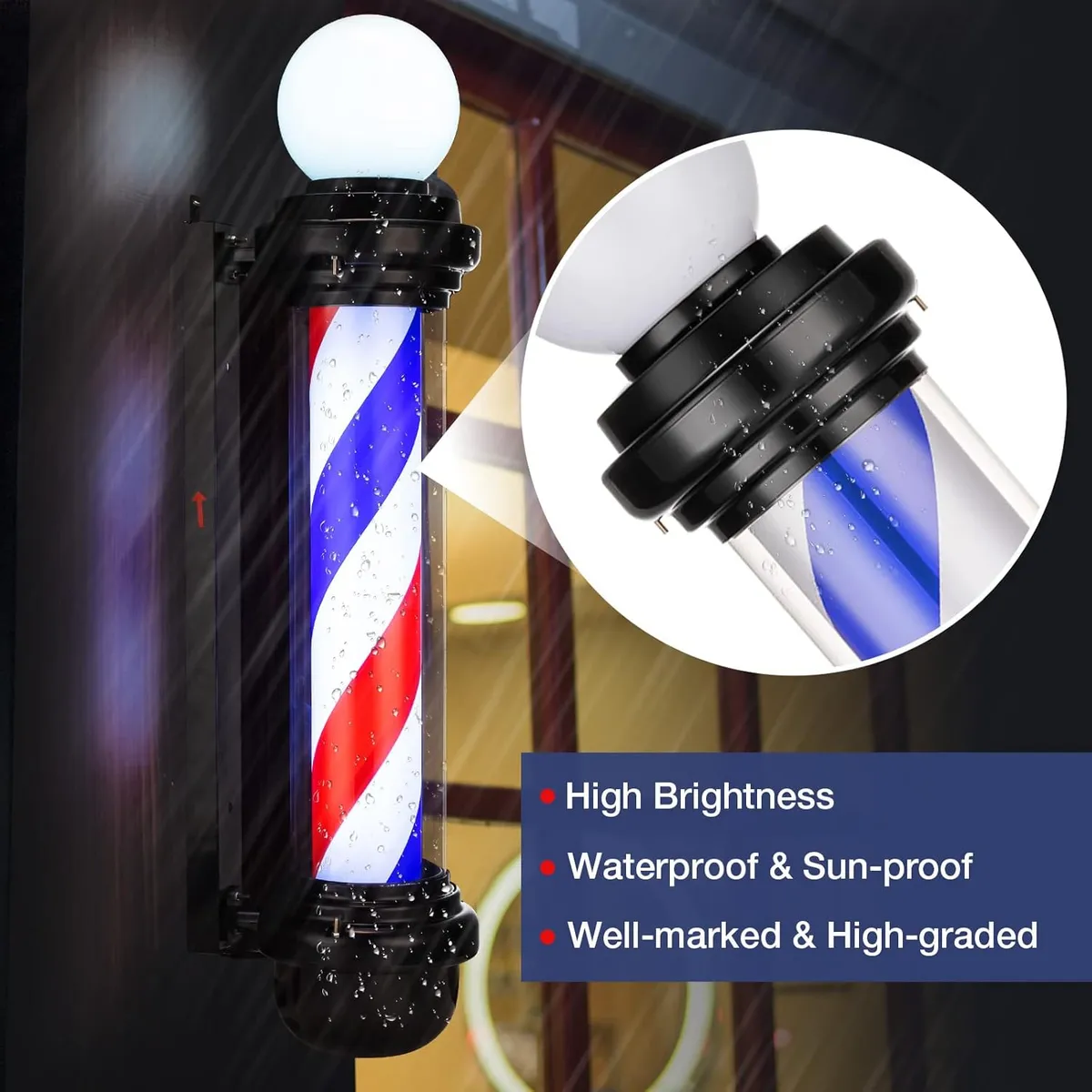 Letrero Poste De Barberia Y Peluqueria Con Luz Giratoria Clasico Con Negro-4