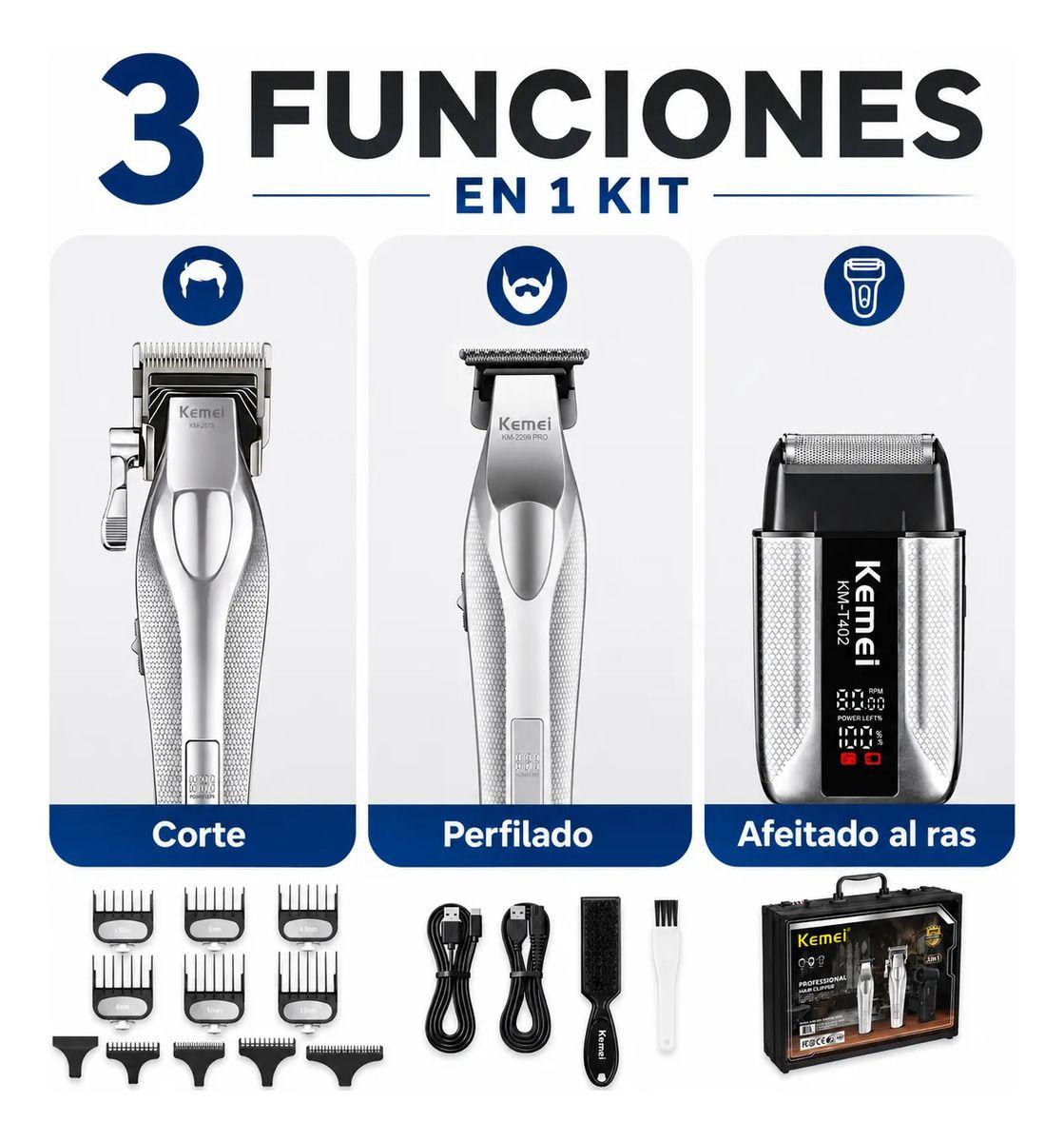 Máquina Cortar Pelo Kemei Kit Barbería 3 En 1 Hoja Dlc Km 4-2