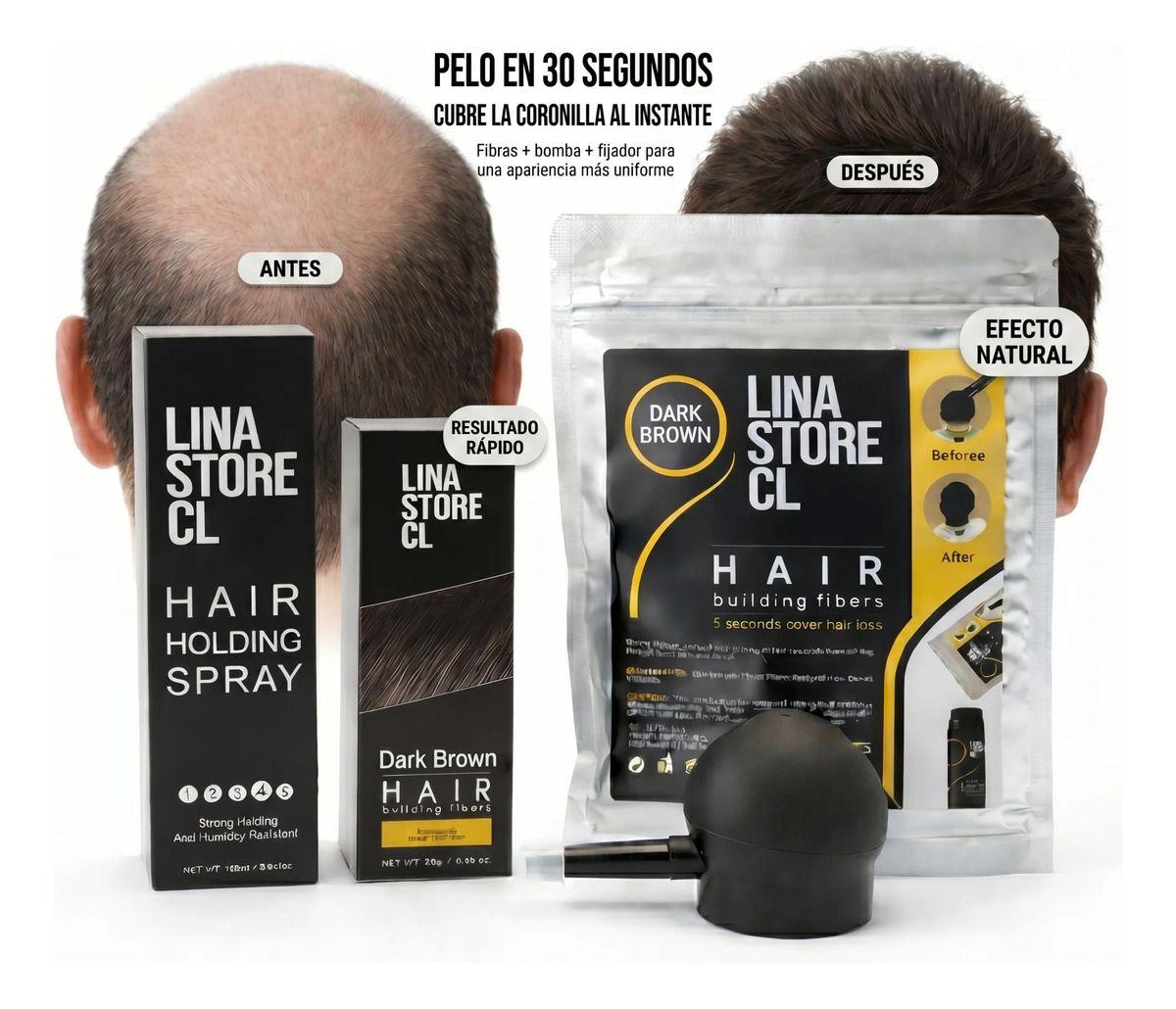 Kit Polvo Castaño Fibra Capilar + Bomba+fijador+ Sobre Carga-2
