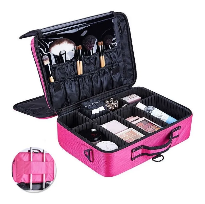 Maleta Bolso Maquillaje Portatil Cosmeticos Viaje Grande Fuscia-0