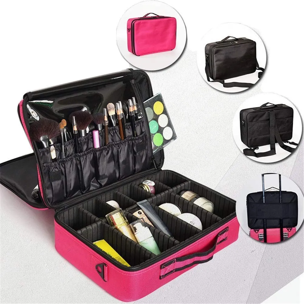 Maleta Bolso Maquillaje Portatil Cosmeticos Viaje Grande Fuscia-1