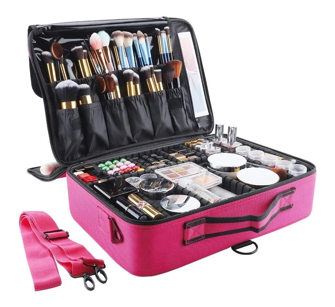 Maleta Bolso Maquillaje Portatil Cosmeticos Viaje Grande Fuscia-2