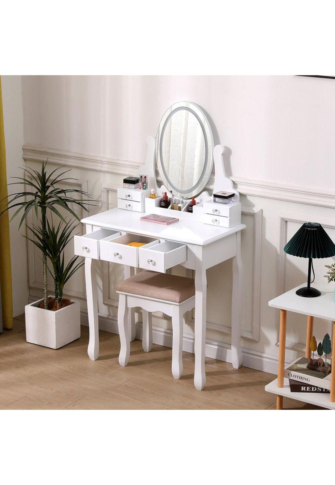 TOCADOR MAQUILLAJE MADERA BANCA + ESPEJO LUZ LED CATERINA-3