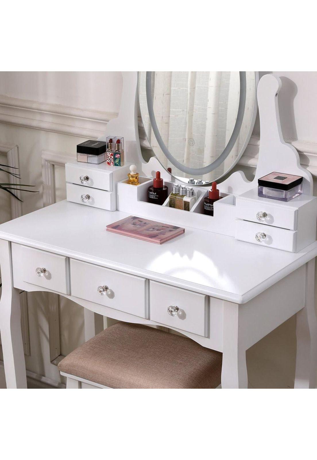 TOCADOR MAQUILLAJE MADERA BANCA + ESPEJO LUZ LED CATERINA-5