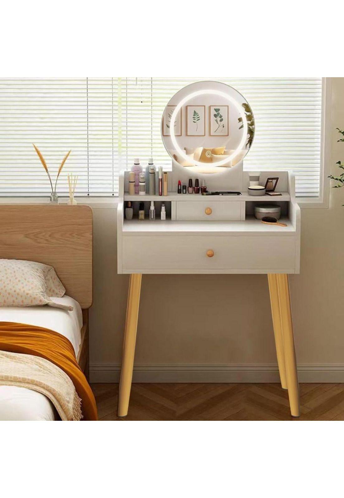 TOCADOR MAQUILLAJE MADERA BLANCO + ESPEJO LUZ LED DEMI COMPACT-2