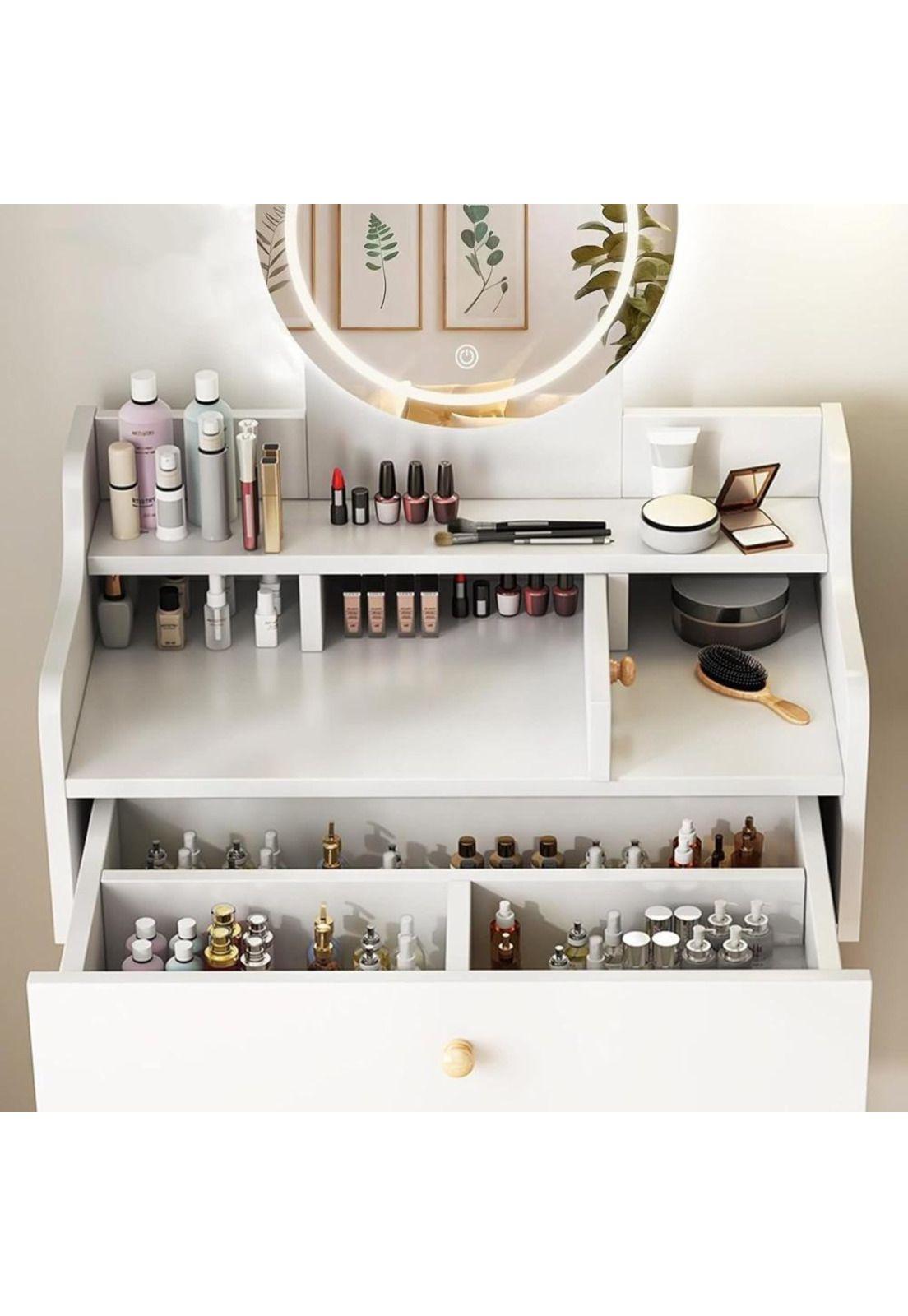 TOCADOR MAQUILLAJE MADERA BLANCO + ESPEJO LUZ LED DEMI COMPACT-4