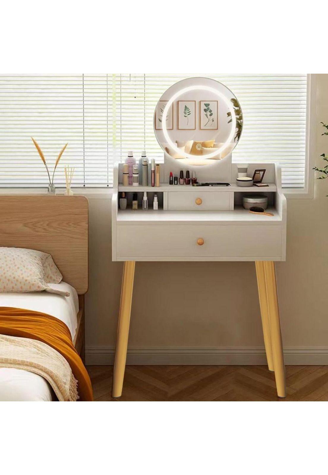 TOCADOR MAQUILLAJE MADERA BLANCO + ESPEJO LUZ LED DEMI COMPACT-2