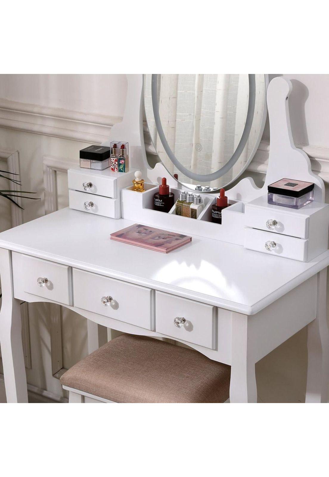 TOCADOR MAQUILLAJE MADERA BANCA + ESPEJO LUZ LED CATERINA-5