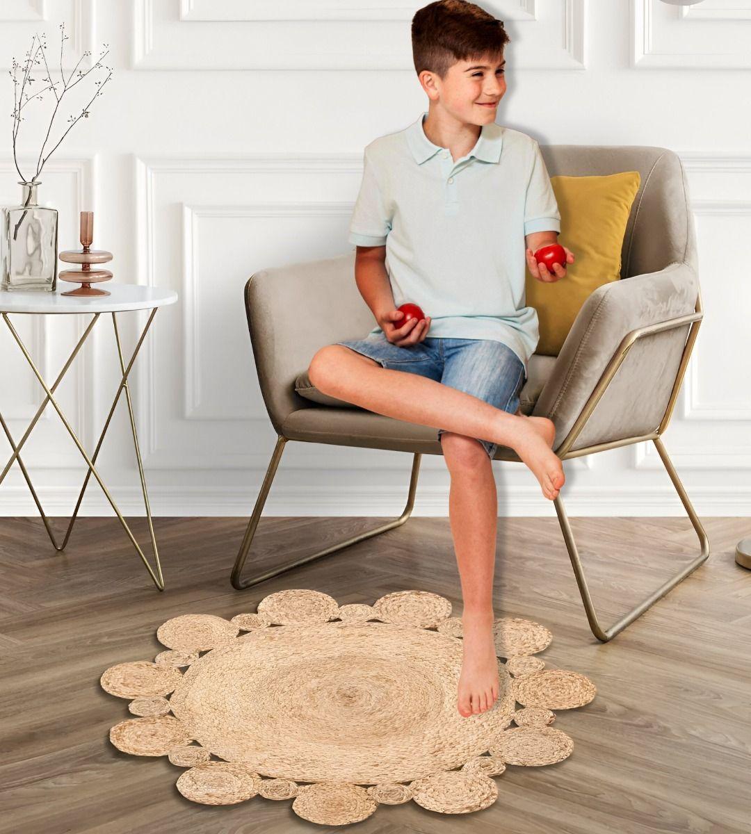 Alfombra Redonda Yute Borde Círculos Intercalado Natural Jhn-5