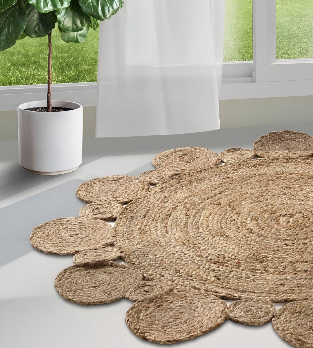 Alfombra Redonda Yute Borde Círculos Intercalado Natural Jhn-9