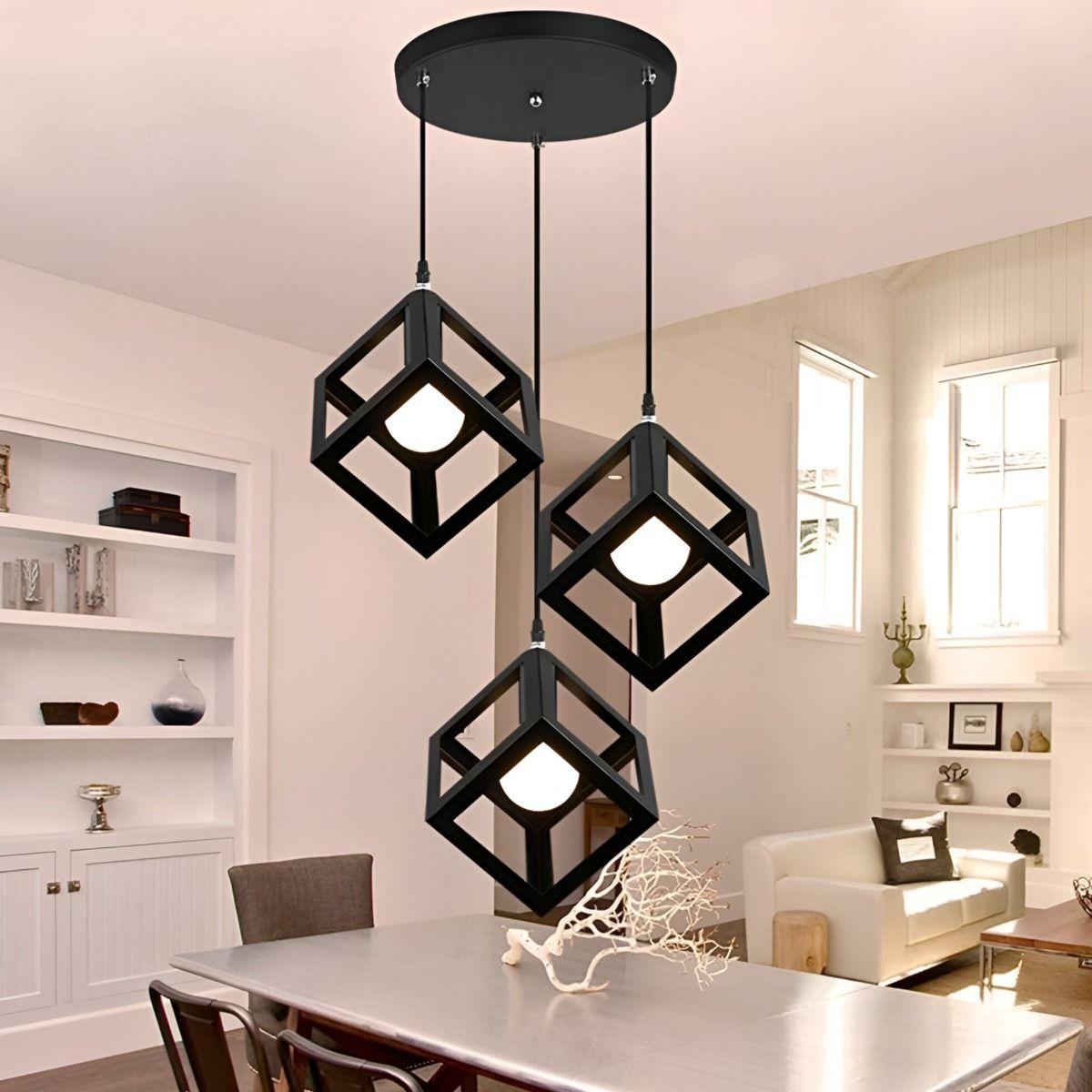 Lámpara Colgante Techo LED 3 Cubos Hierro Negro E27 Jhn-5