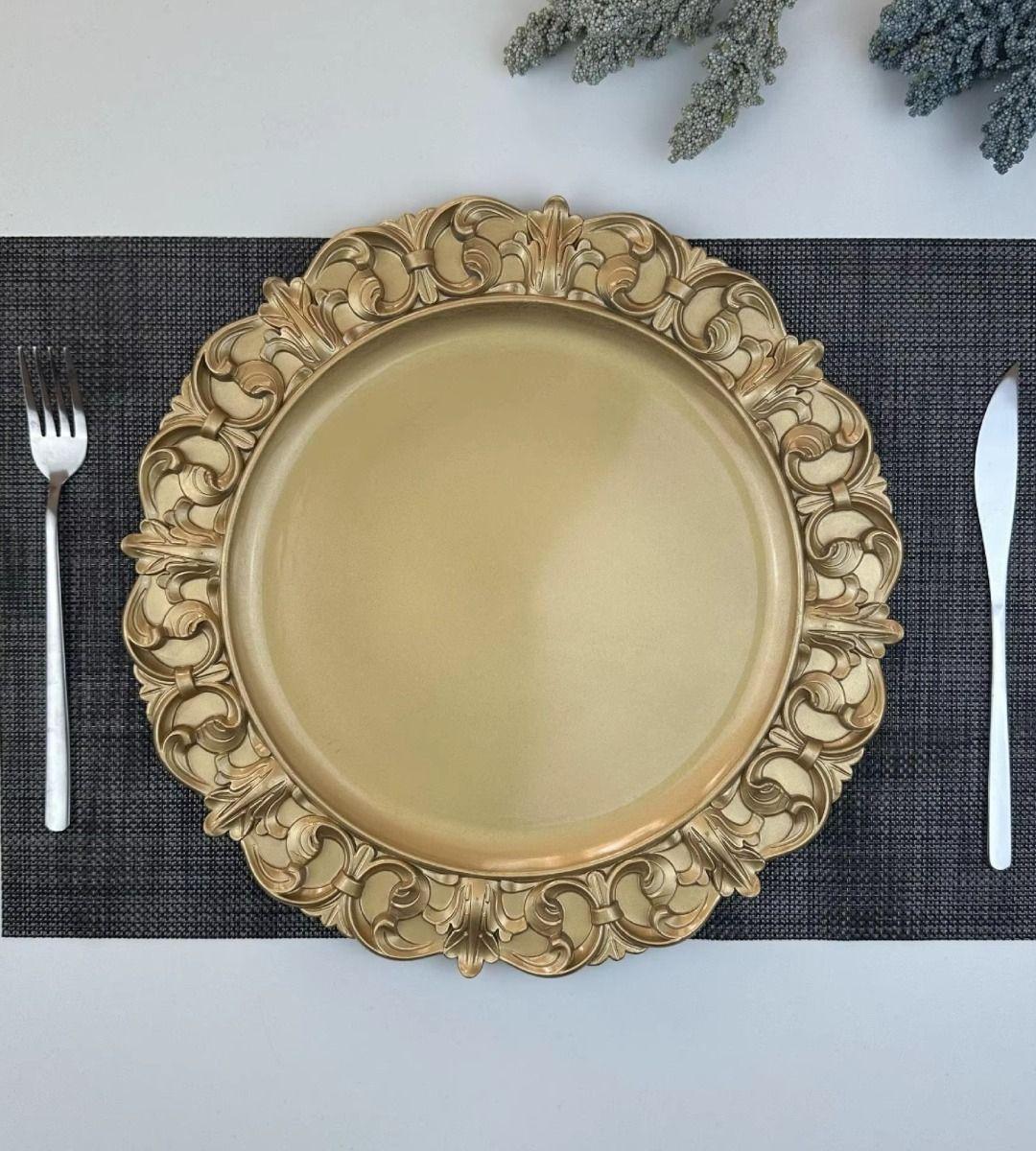 Set 2 Plato Base Carga Relieve Vintage Mesa Decorativo Jhn-9
