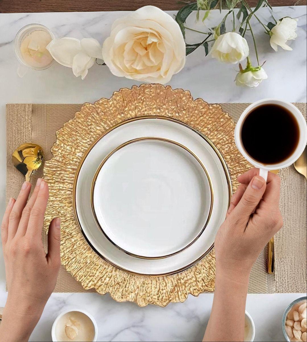 Set 3 Plato Base Redondo Dorado Brillante Decorativo Jhn-2