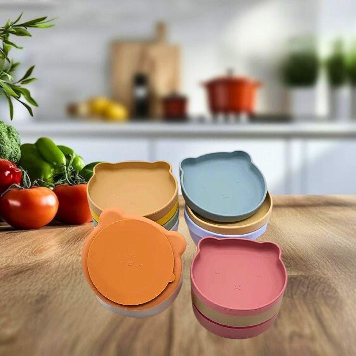 Set 2 Platos Diseño Oso Silicona Antideslizante Niños Lau-1