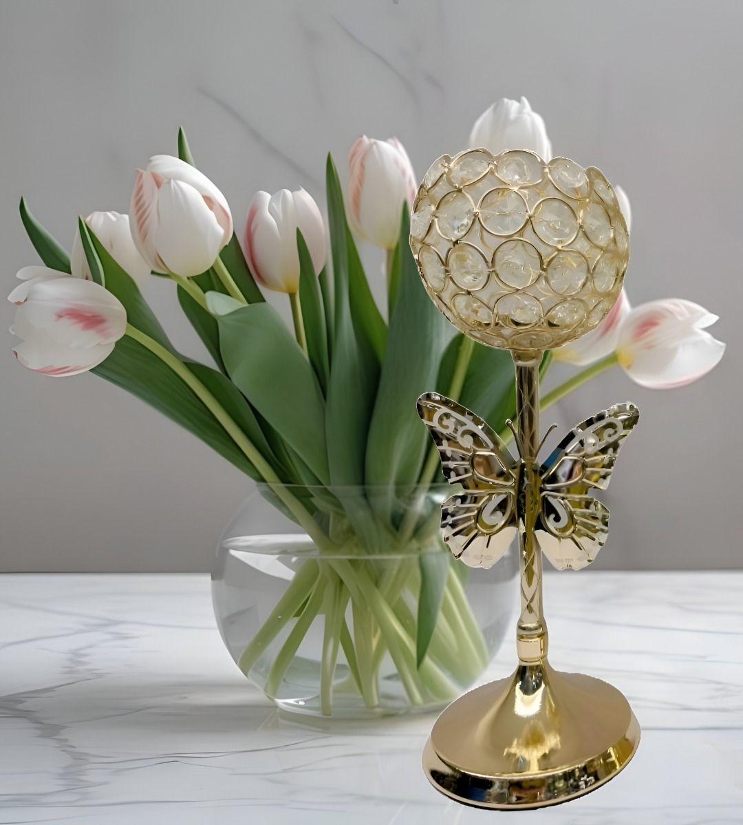 Candelabro Mariposa Nórdico Dorado Cristal 30cm Jhn-2