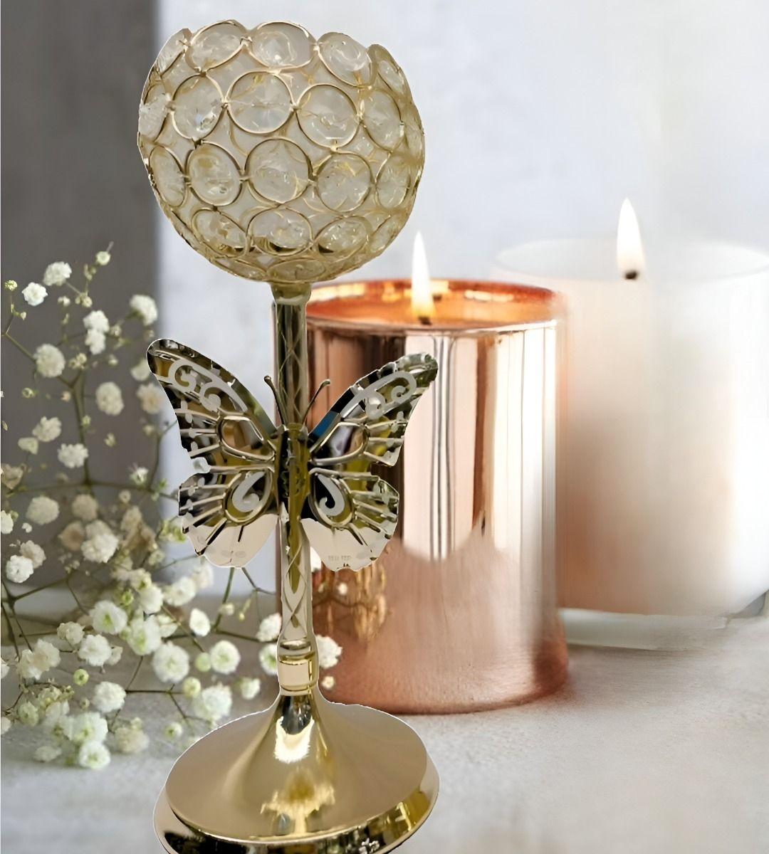 Candelabro Mariposa Nórdico Dorado Cristal 30cm Jhn-5