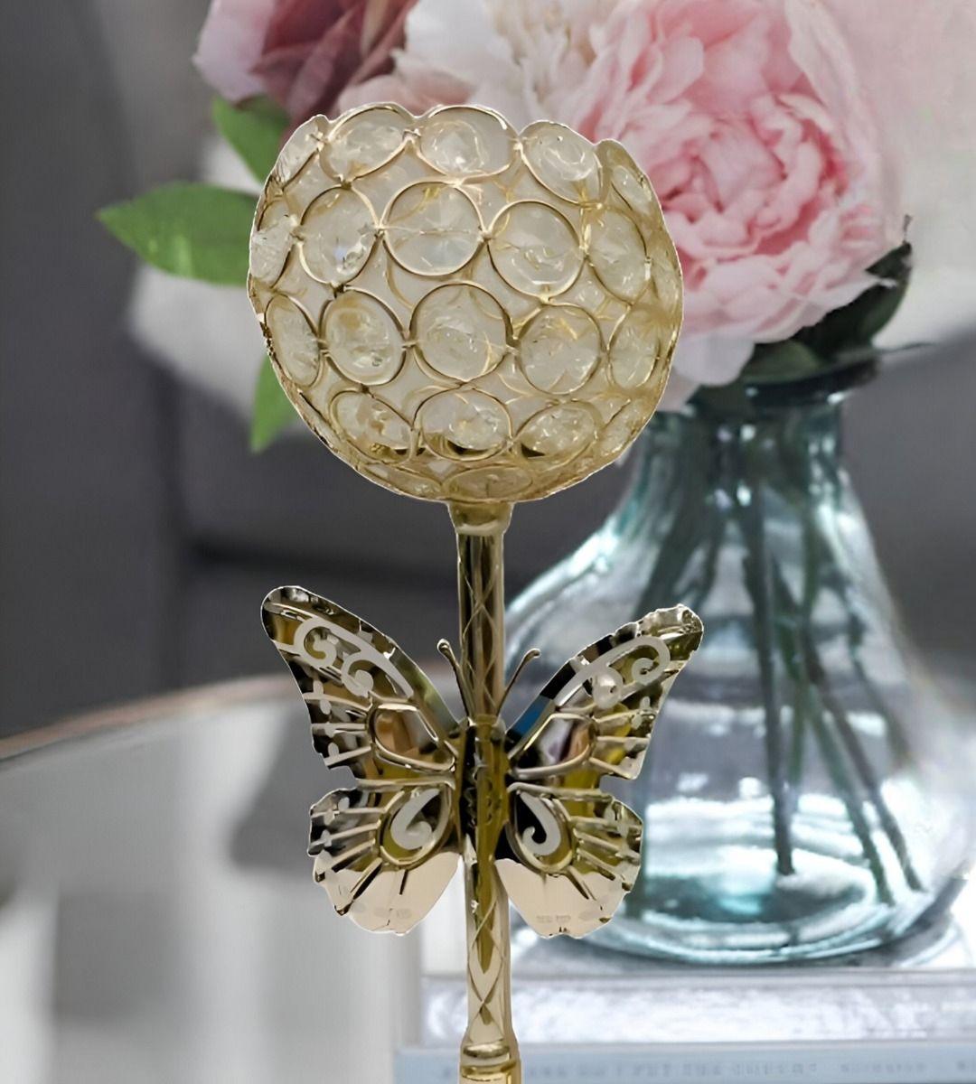 Candelabro Mariposa Nórdico Dorado Cristal 30cm Jhn-6