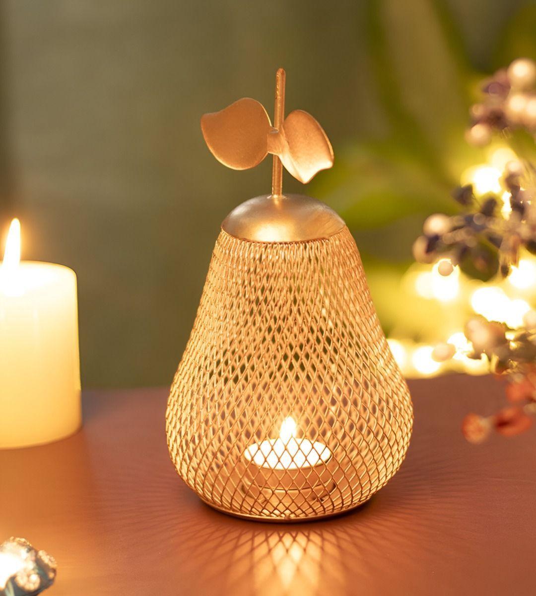 Set 2 Candelabro Decorativo Portavelas Pera Dorada 21cm Jhn-9