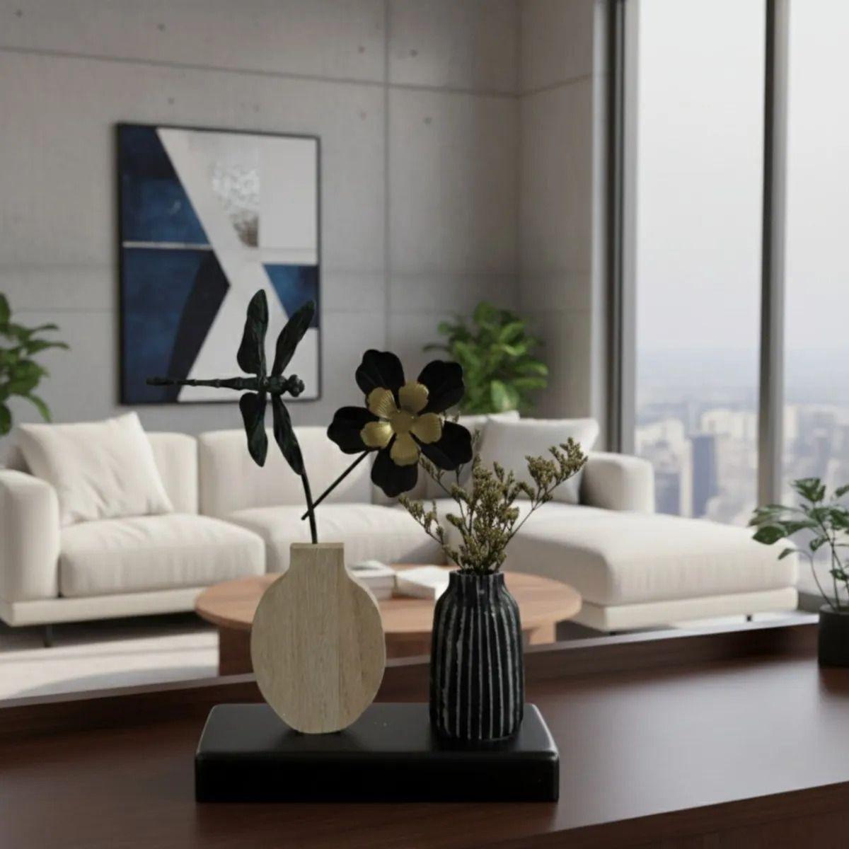 Set Decorativo Doble Vaso Minimalista Flor Libélula AJ-5