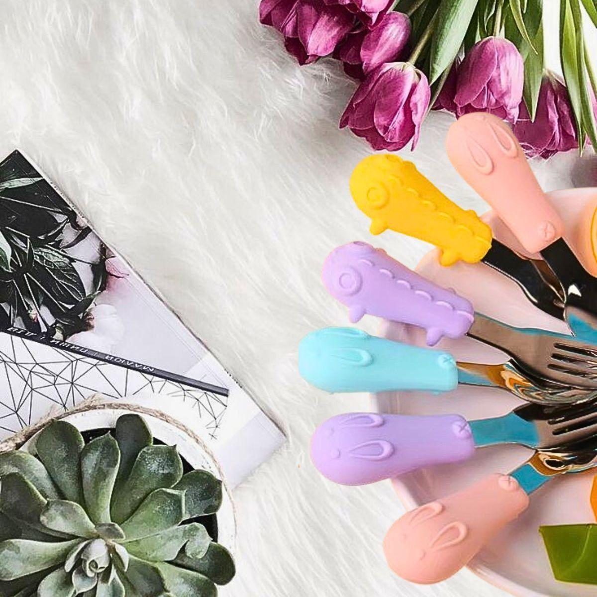 Set 3 Cubierto+Cuchara Acero Inoxidable Silicona Bebe Lau-8