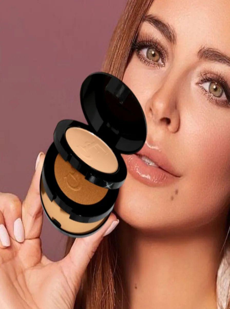 Pack 2 Polvos Compacto Base e Iluminador 3en1 Maquillaje Lau-7