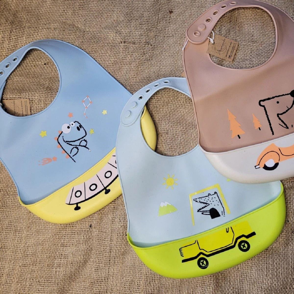 Set 3 Baberos Silicona Colores Recolector Residuos Bebes Lau-4