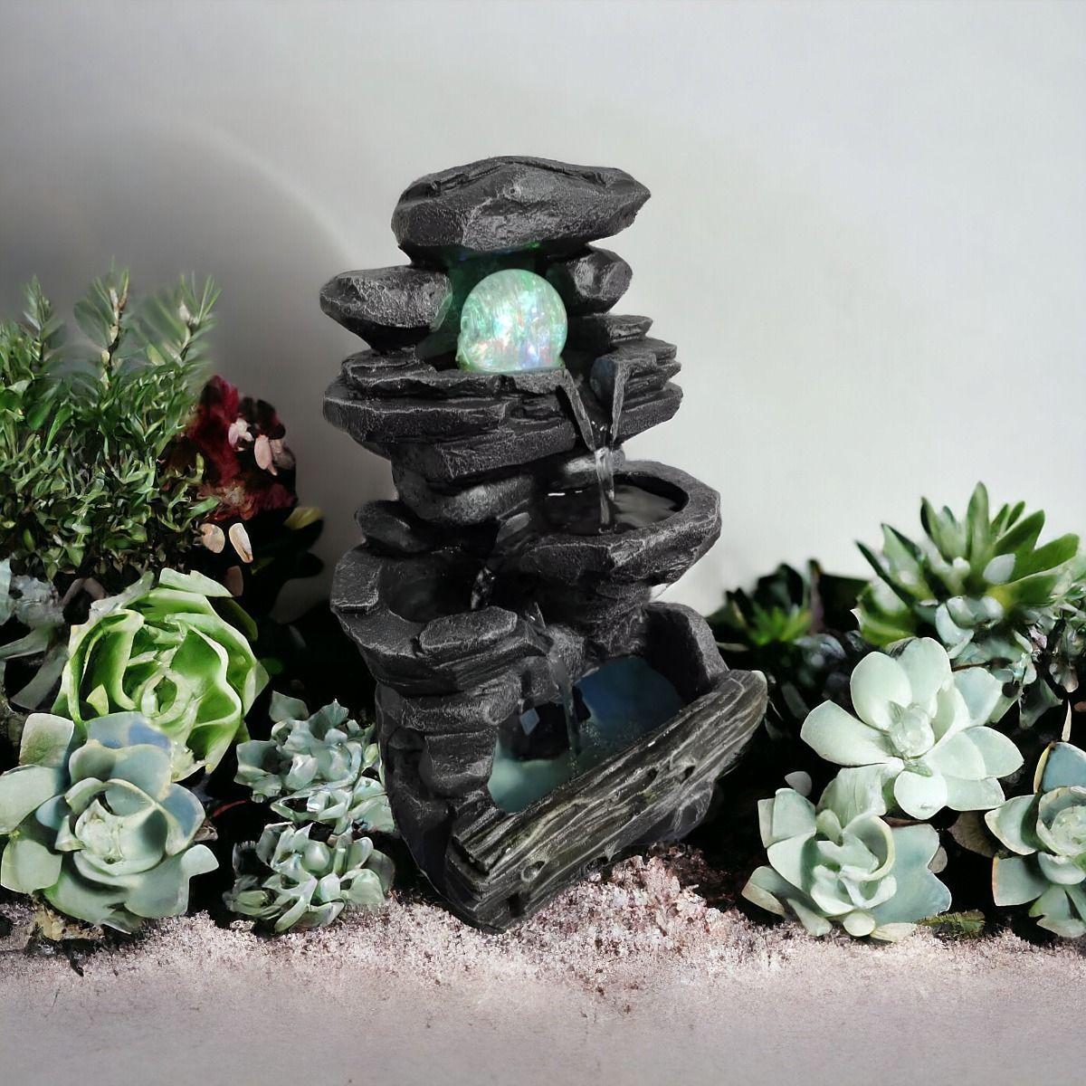 Fuente De Agua Diseño Piedra Con Luz Y Esfera 35cm Alto Jhn-2