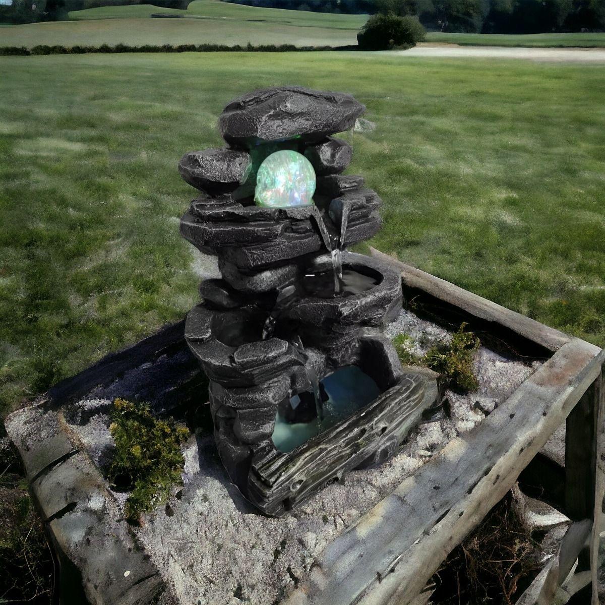 Fuente De Agua Diseño Piedra Con Luz Y Esfera 35cm Alto Jhn-3