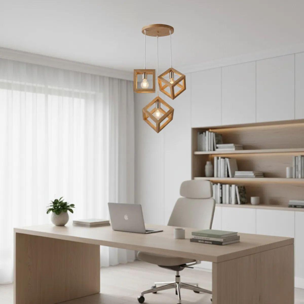 Lámpara Colgante Triple Techo Madera Cubo Geométrico ALJ-6