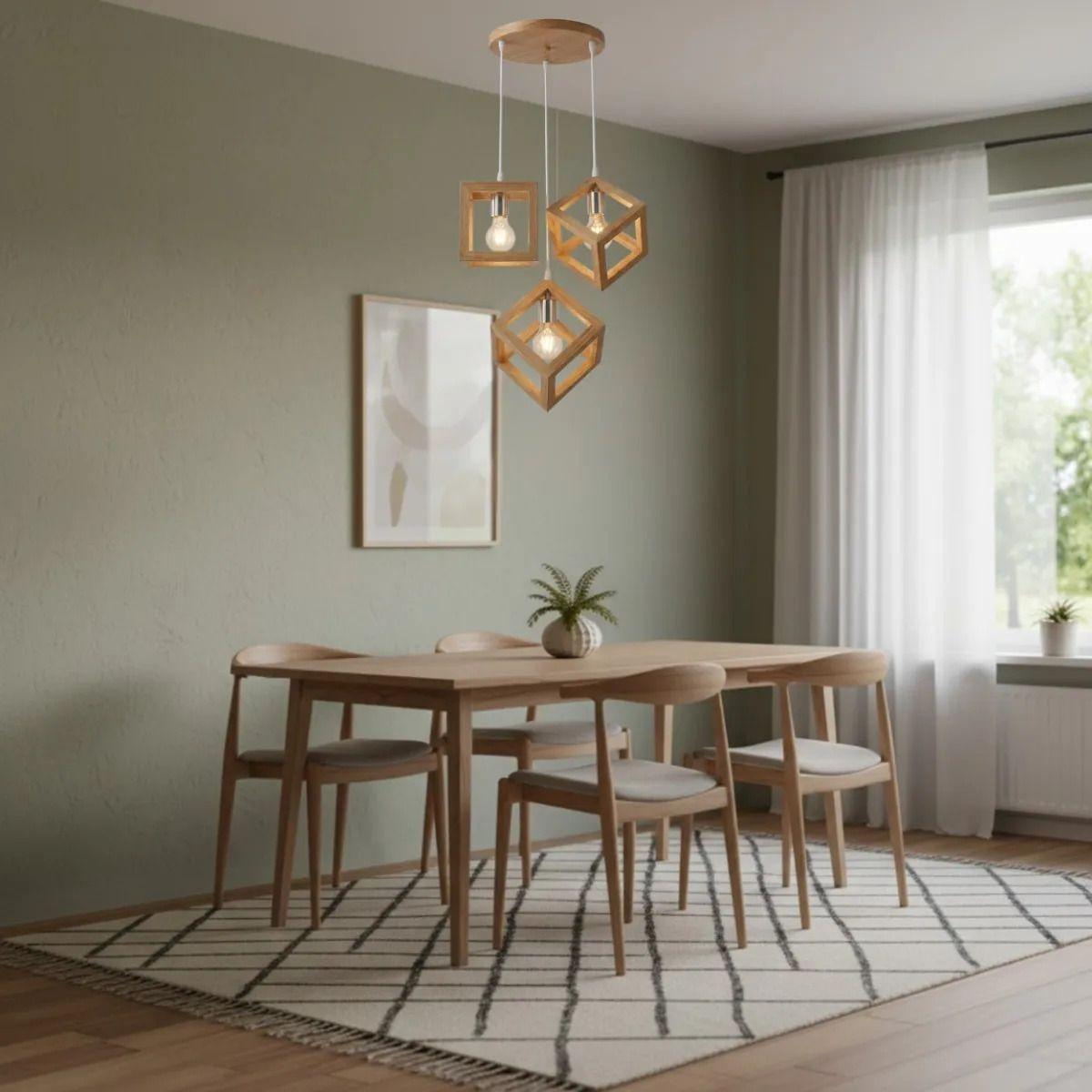 Lámpara Colgante Triple Techo Madera Cubo Geométrico ALJ-8