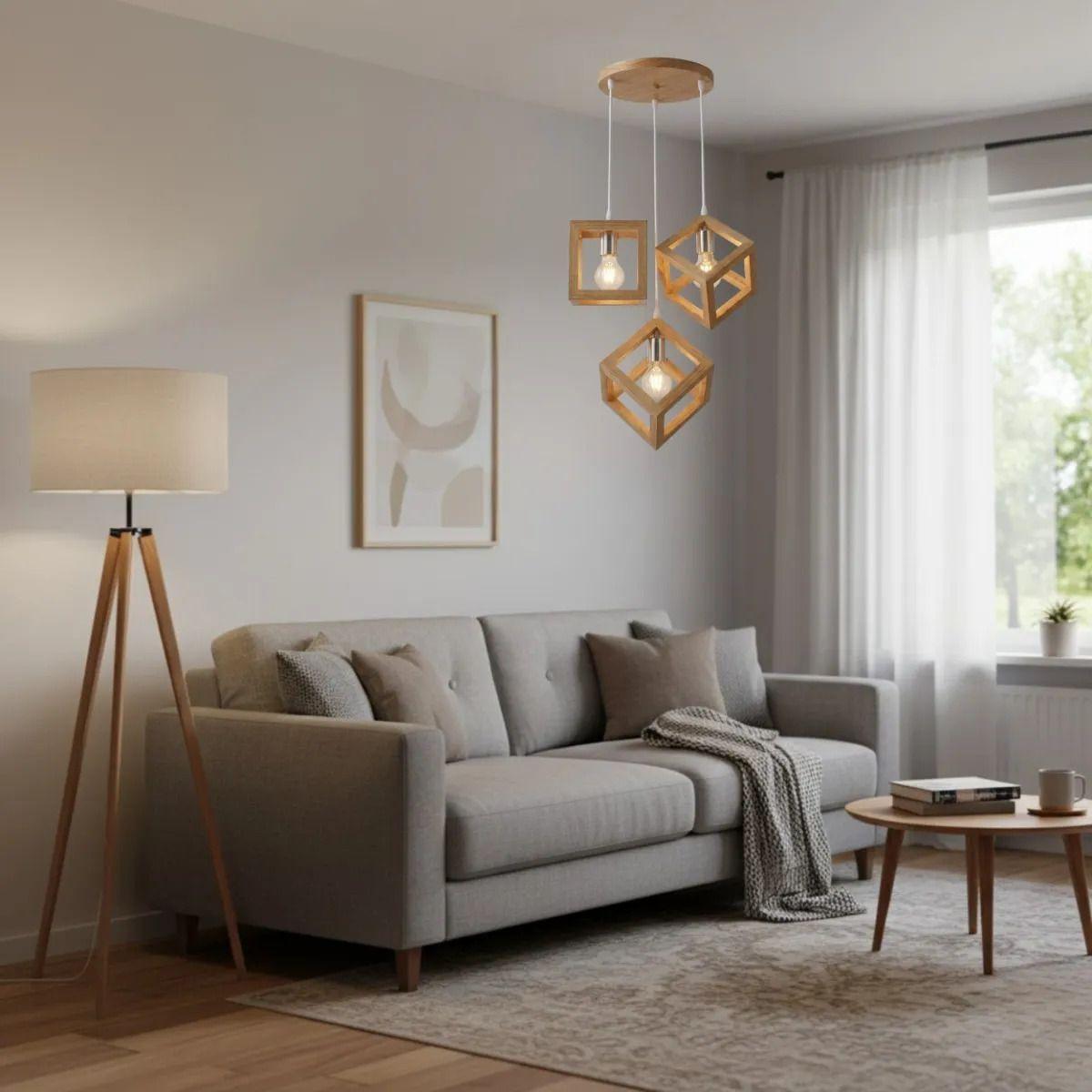Lámpara Colgante Triple Techo Madera Cubo Geométrico ALJ-9