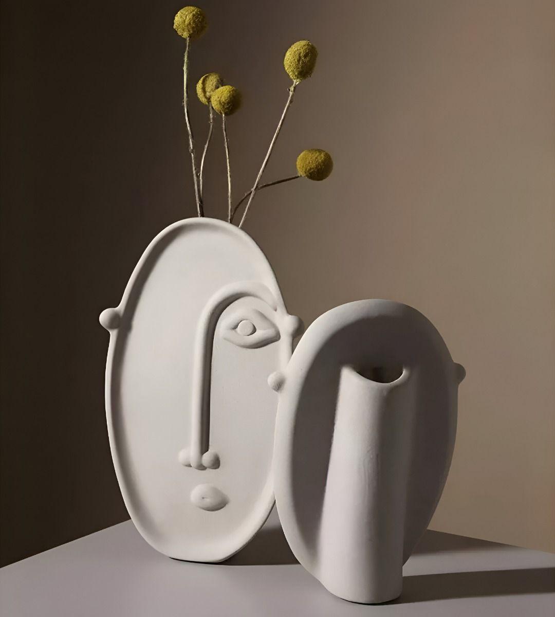 Set 2 Jarrón Cerámica Decoración Nórdico Flores Blanco Jhn-2