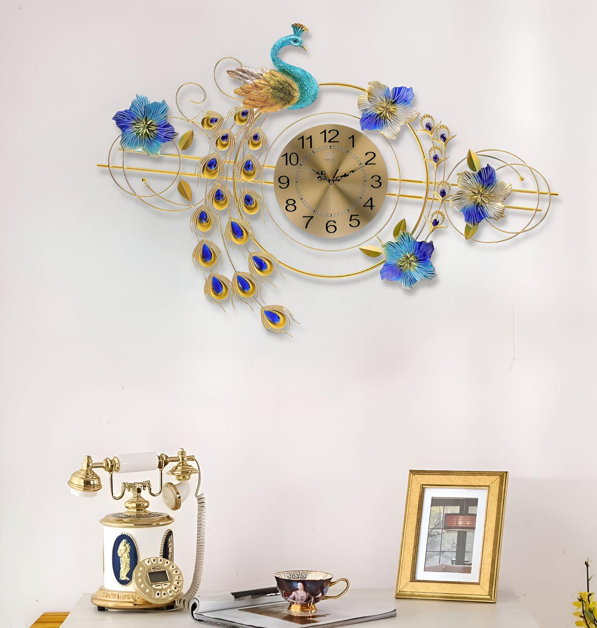 Reloj Pared 3D Decorativo Silencioso Pavo Real Floral Jhn-2