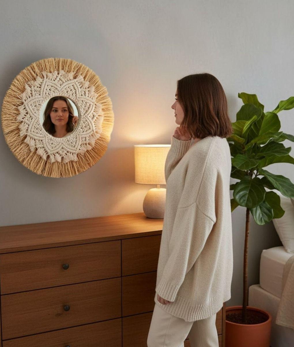 Espejo Decorativo Estilo Bohemio Tejido Adorno Pared Jhn-4